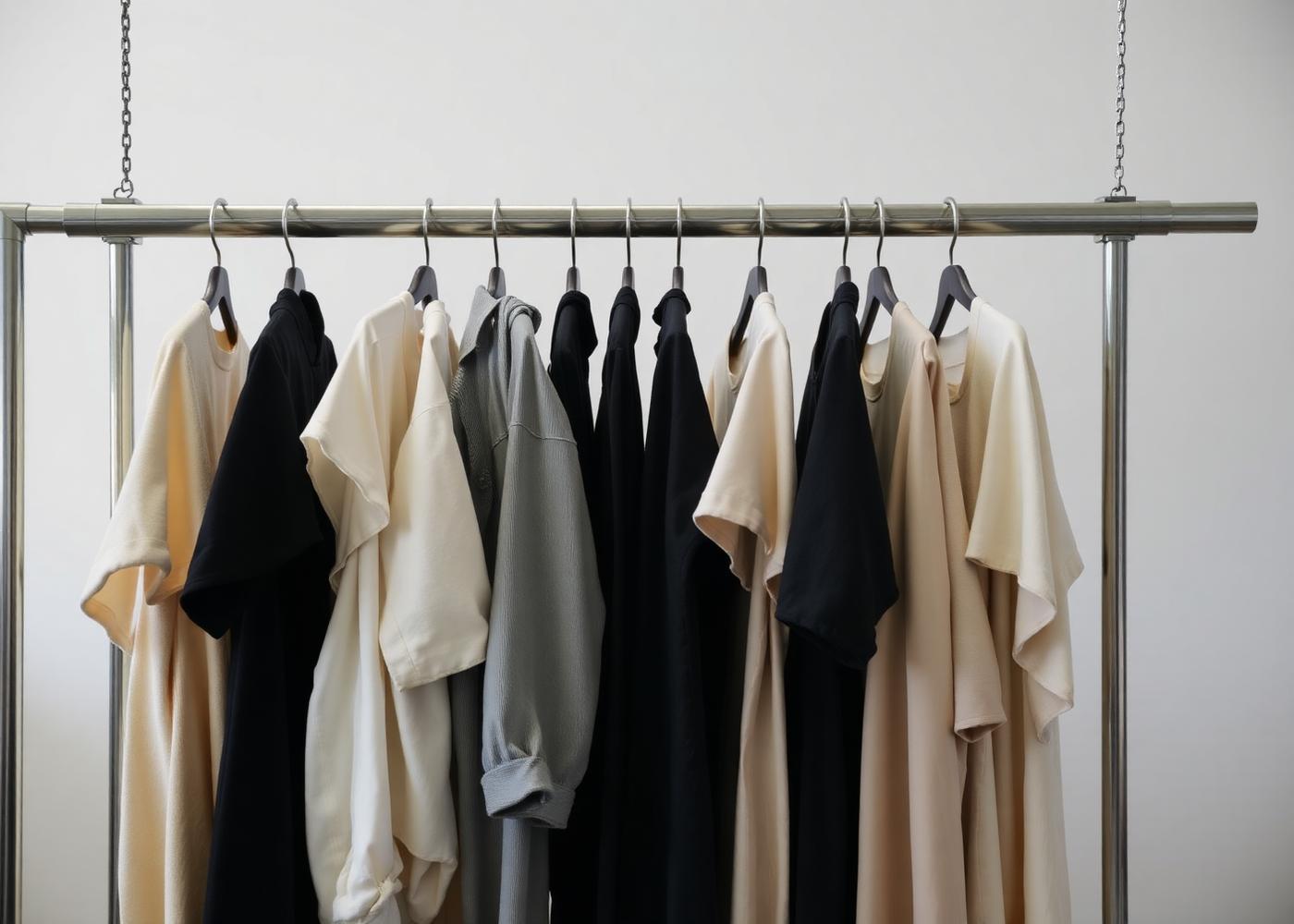 Neutral apparel production atelier with finished garments on rack